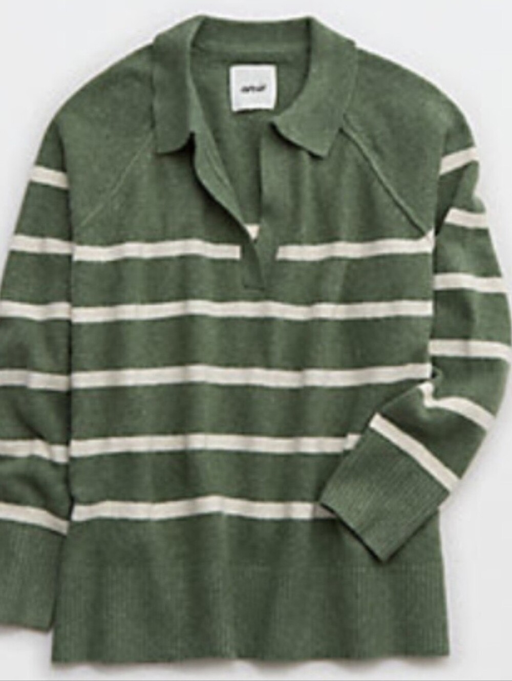 Aerie unREAL Striped Polo Oversized Sweater in Olive Size XXS - Picture 8 of 8